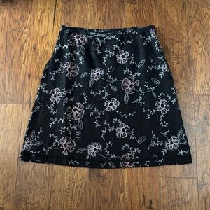 Linen Floral Embroidered Black Skirt